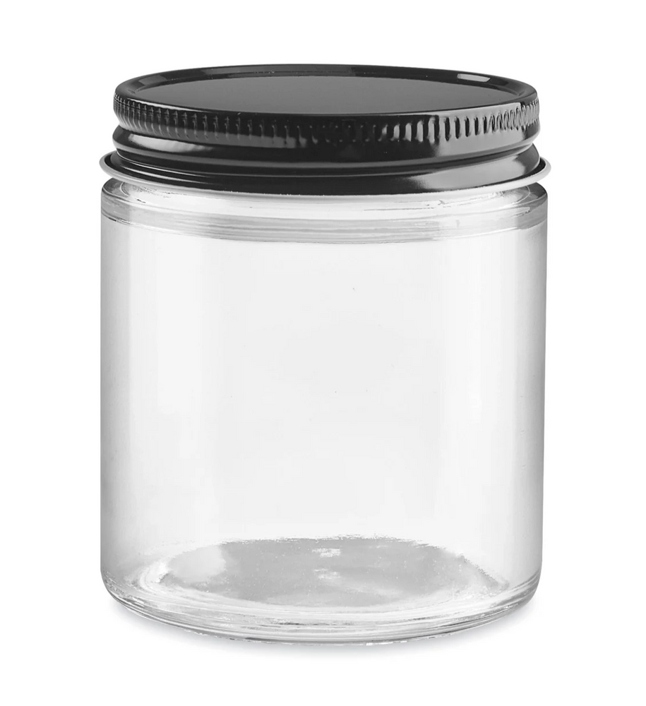 
                  
                    Load image into Gallery viewer, Clear Straight-Sided Glass Jar with Black Metal Cap
                  
                