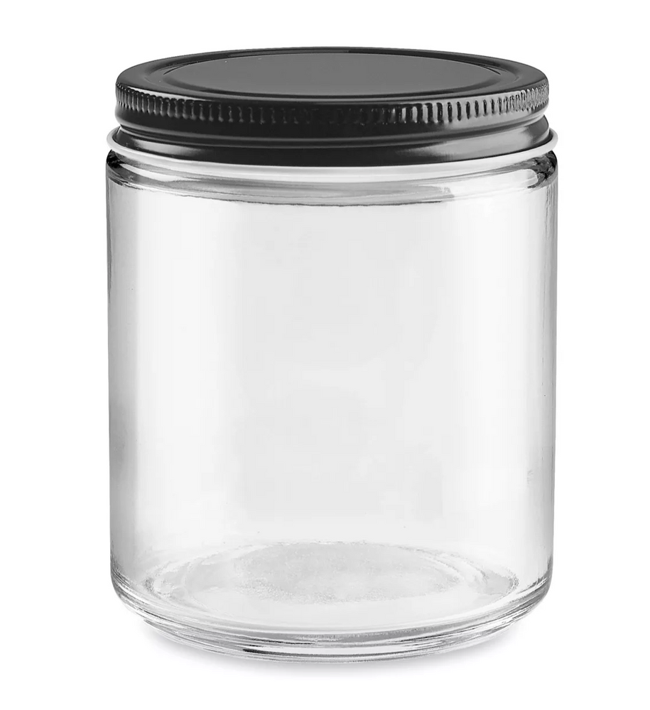 
                  
                    Load image into Gallery viewer, Clear Straight-Sided Glass Jar with Black Metal Cap
                  
                