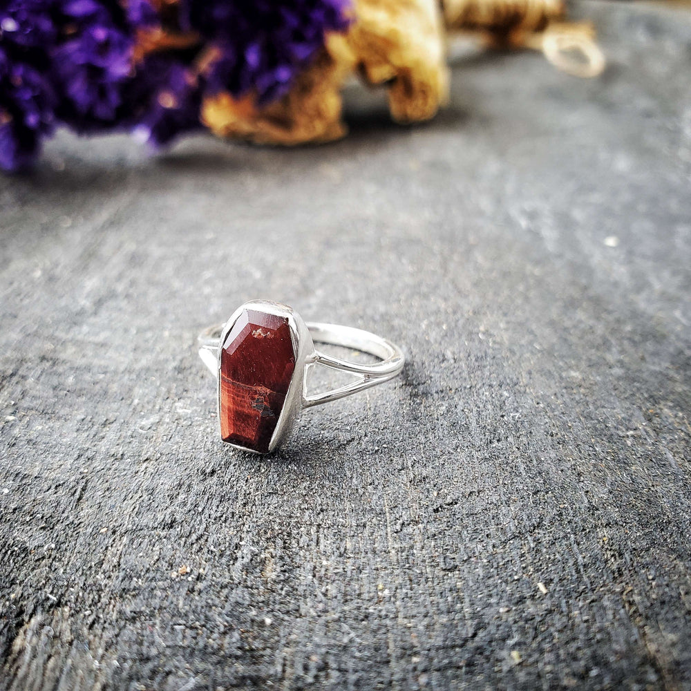 Red Tigers Eye Coffin Ring Size 8