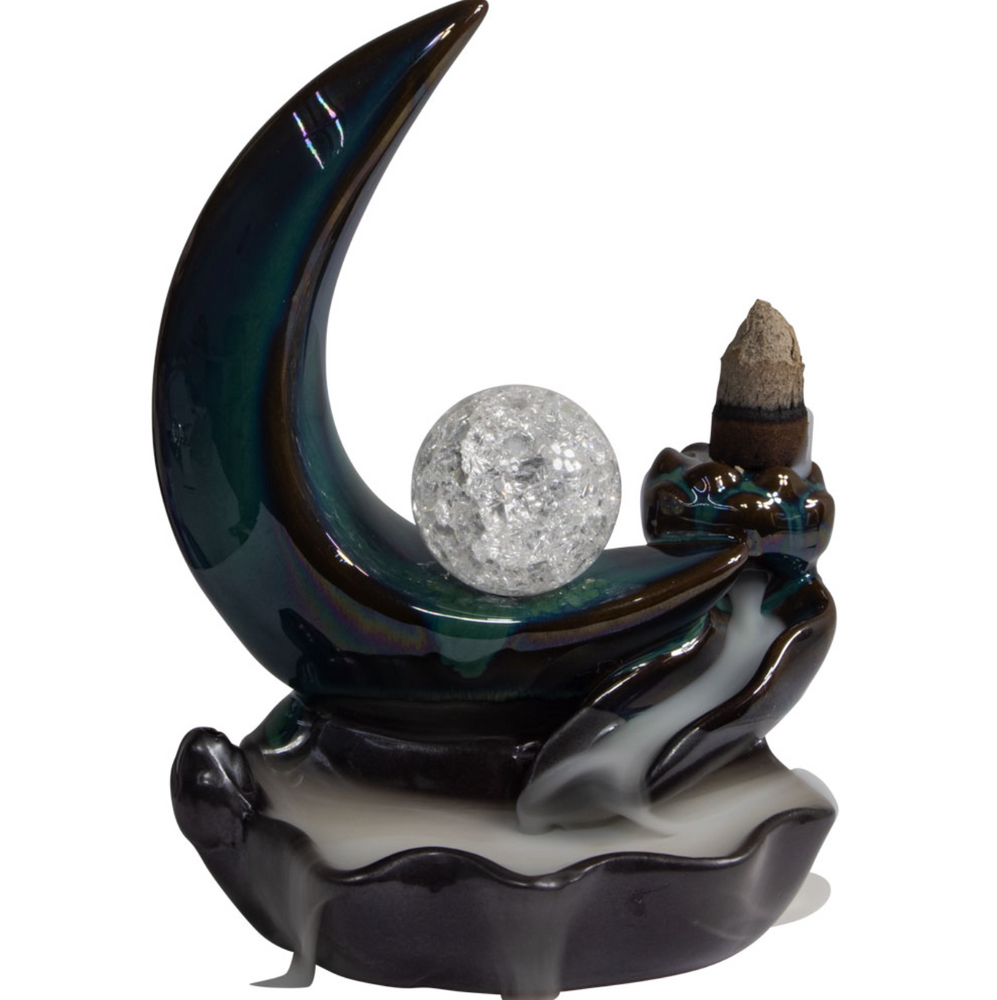 Ceramic Backflow Incense Burner - Crescent Moon with Sphere