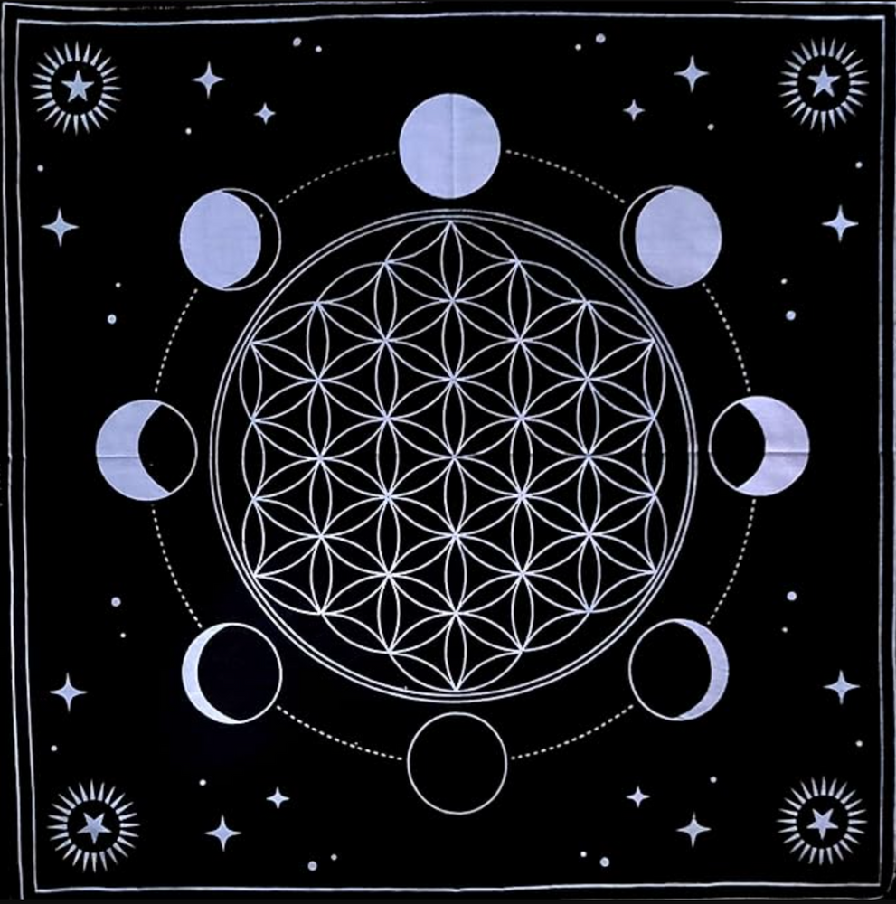 Moon Phase and Flower of Life Altar Cloth