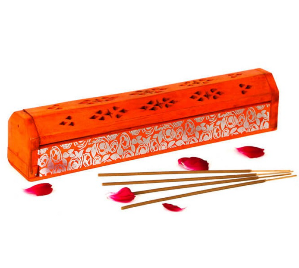 Red with Silver Flower Design Incense Burner Box