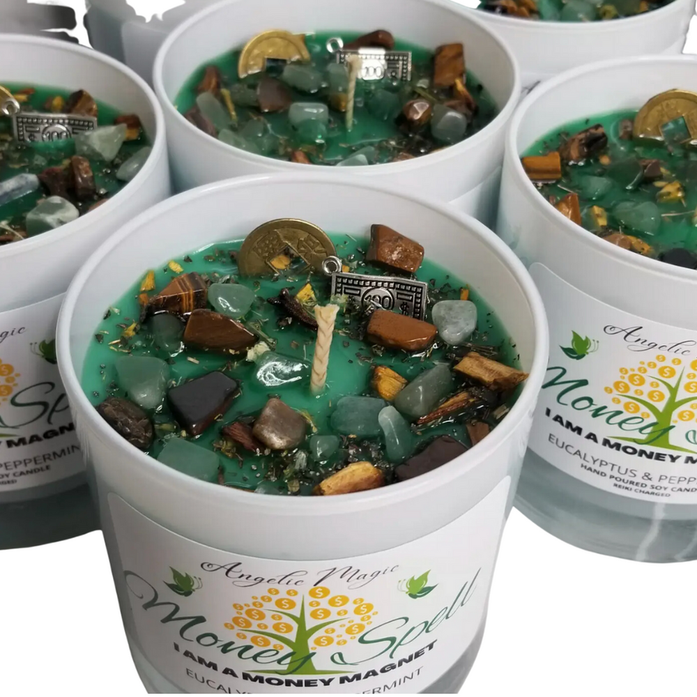 UPGRADE Money Spell Crystal Soy Candle, Reiki Charged 11oz